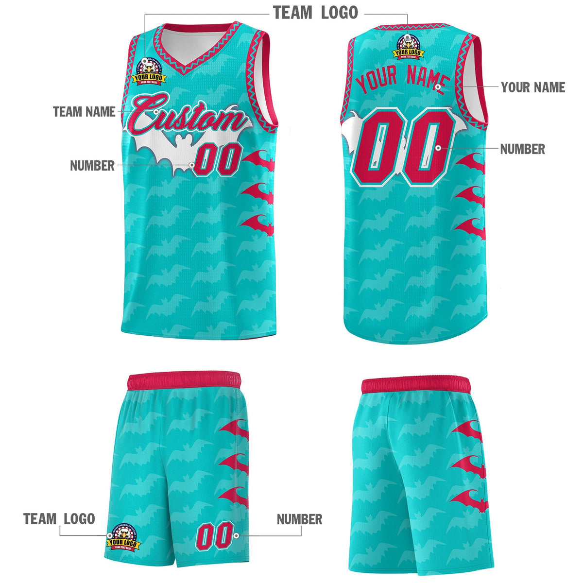 Custom Aqua White Red Bat Pattern Halloween Basketball Jersey | For Men,For Kid,For Youth,Sublimation Printed,Perfect for Training,Perfect for Parties,Add Name and Numbern | KXKSHOP