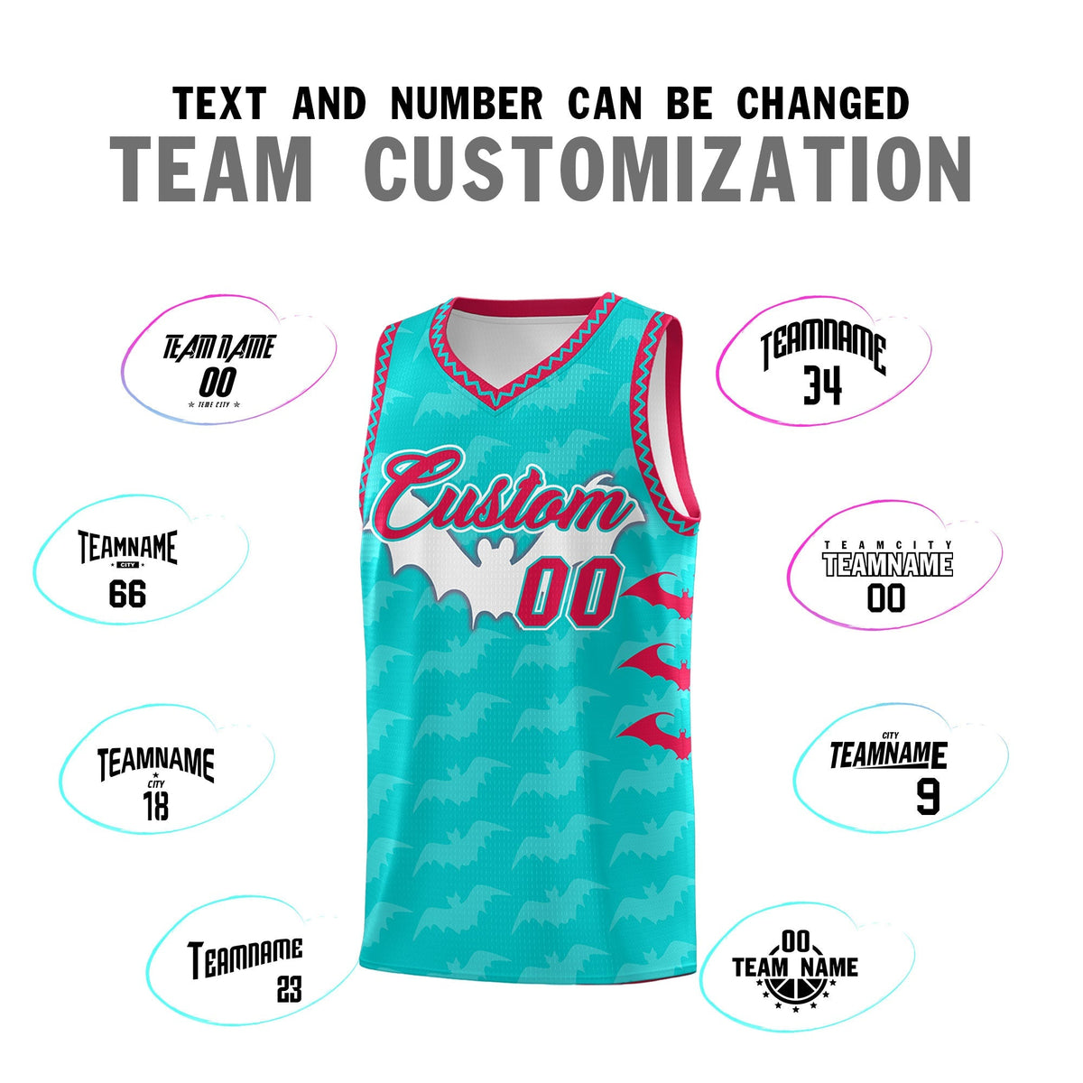 Custom Aqua White Red Bat Pattern Halloween Basketball Jersey | For Men,For Kid,For Youth,Sublimation Printed,Perfect for Training,Perfect for Parties,Add Name and Numbern | KXKSHOP