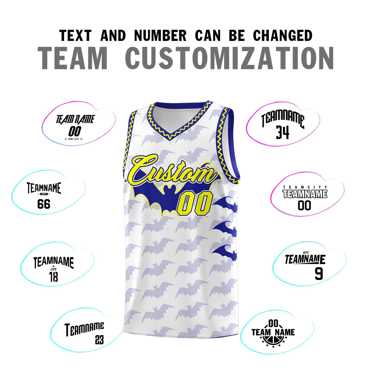 Custom White Fluorescent Yellow Bat Pattern Halloween Basketball Jersey | For Men,For Kid,For Youth,Sublimation Printed,Perfect for Training,Perfect for Parties,Add Name and Numbern | KXKSHOP