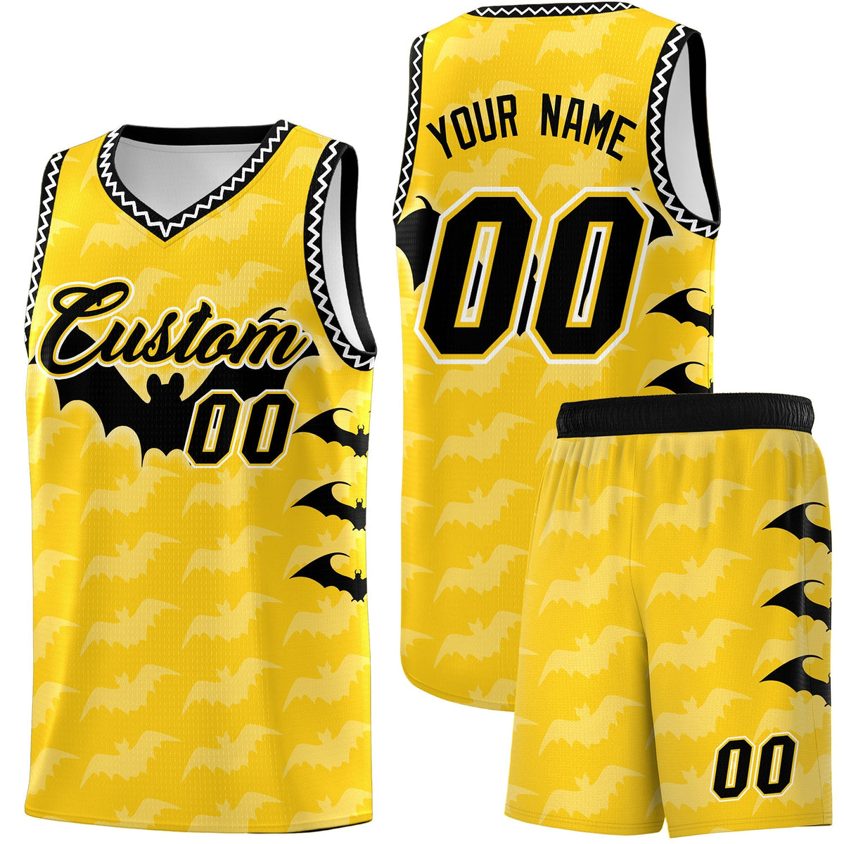Custom Gold White Black Bat Pattern Halloween Basketball Jersey | For Men,For Kid,For Youth,Sublimation Printed,Perfect for Training,Perfect for Parties,Add Name and Numbern | KXKSHOP