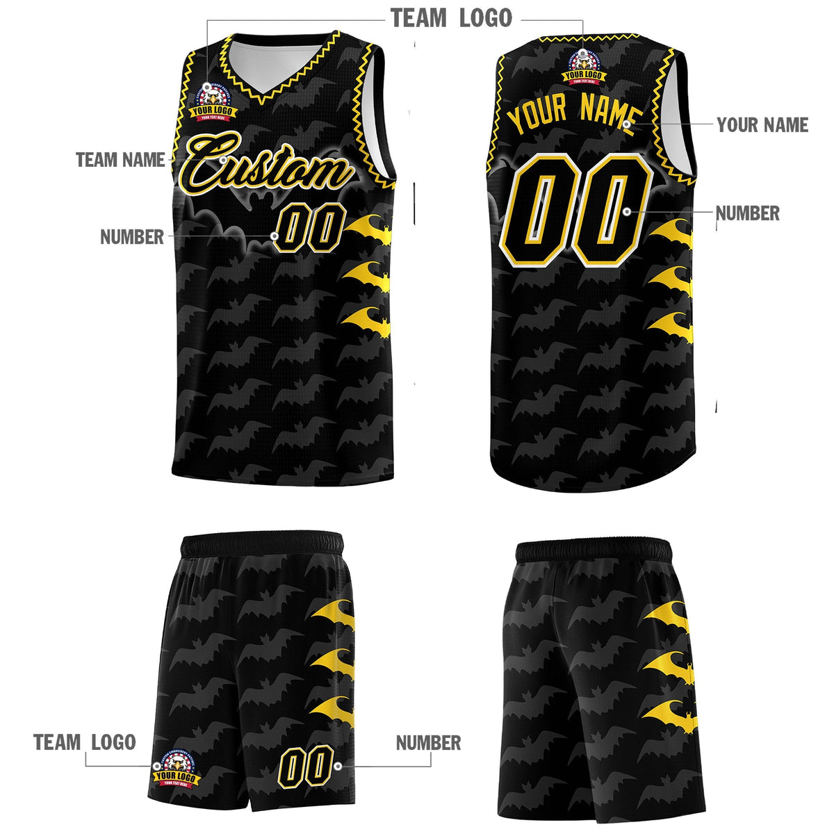 Custom Black Gold Bat Pattern Halloween Basketball Jersey | For Men,For Kid,For Youth,Sublimation Printed,Perfect for Training,Perfect for Parties,Add Name and Numbern | KXKSHOP