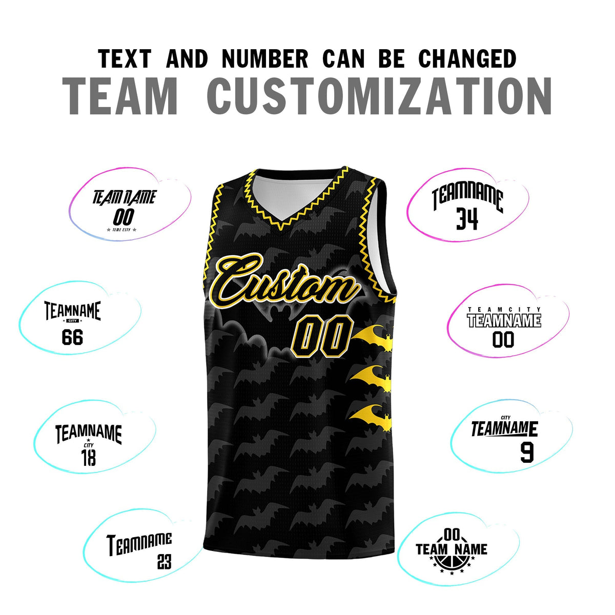 Custom Black Gold Bat Pattern Halloween Basketball Jersey | For Men,For Kid,For Youth,Sublimation Printed,Perfect for Training,Perfect for Parties,Add Name and Numbern | KXKSHOP