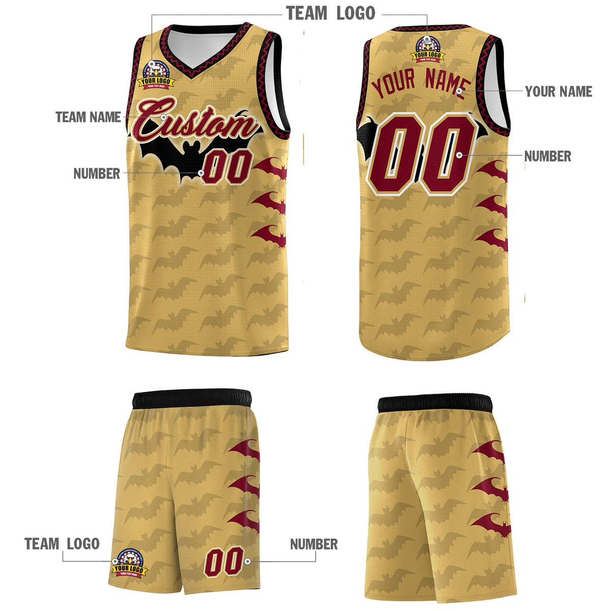Custom Old Gold Crimson Bat Pattern Halloween Basketball Jersey | For Men,For Kid,For Youth,Sublimation Printed,Perfect for Training,Perfect for Parties,Add Name and Numbern | KXKSHOP
