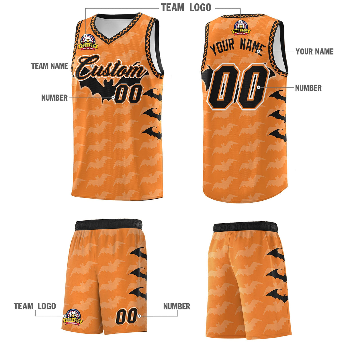 Custom Gold Orange Bat Pattern Halloween Basketball Jersey | For Men,For Kid,For Youth,Sublimation Printed,Perfect for Training,Perfect for Parties,Add Name and Numbern | KXKSHOP