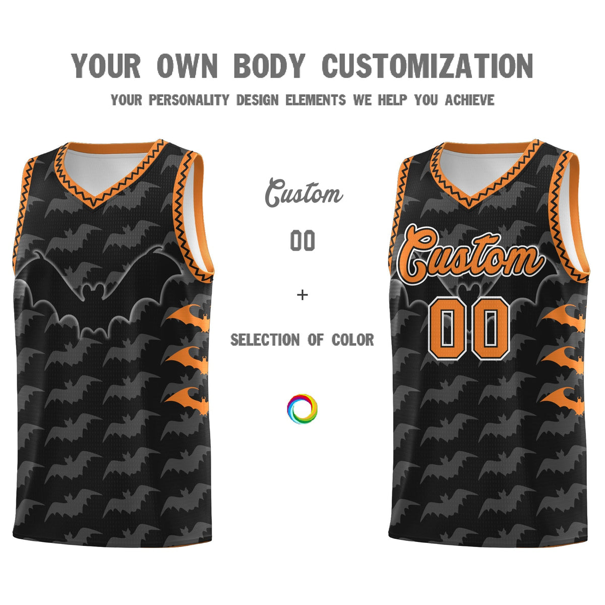 Custom Black Gold Orange Bat Pattern Halloween Basketball Jersey | For Men,For Kid,For Youth,Sublimation Printed,Perfect for Training,Perfect for Parties,Add Name and Numbern | KXKSHOP