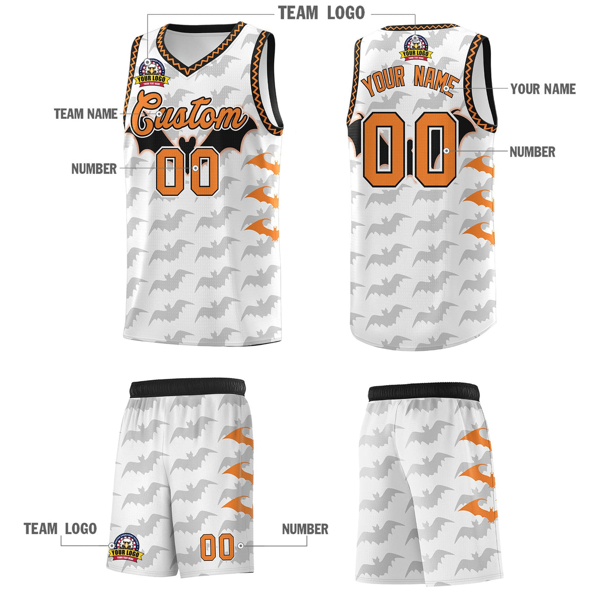 Custom White Black Bat Pattern Halloween Basketball Jersey | For Men,For Kid,For Youth,Sublimation Printed,Perfect for Training,Perfect for Parties,Add Name and Numbern | KXKSHOP