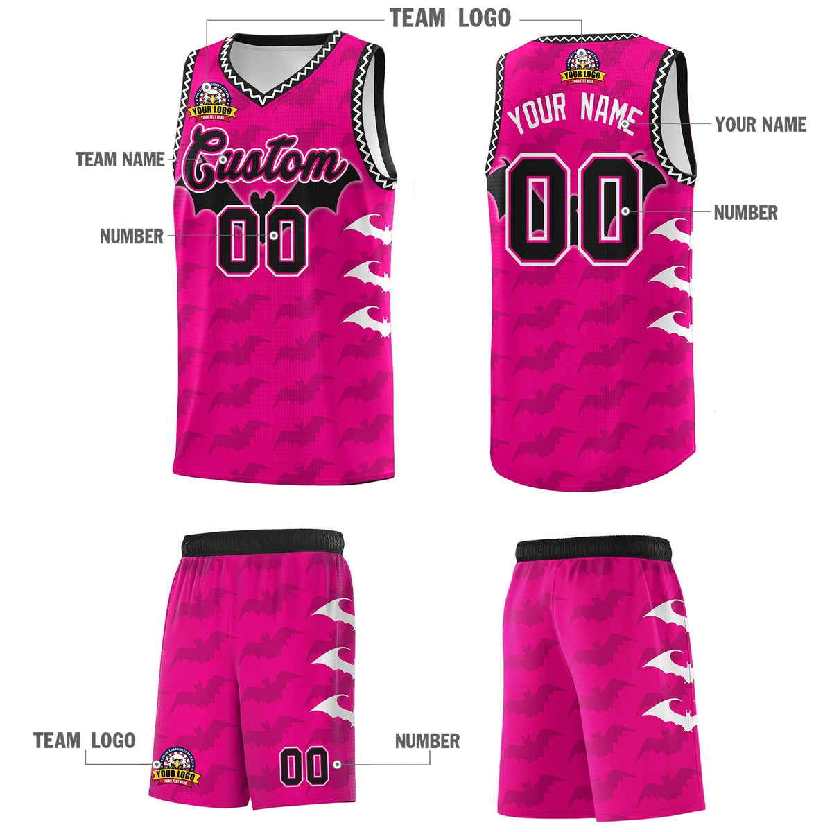 Custom Pink White Black Bat Pattern Halloween Basketball Jersey | For Men,For Kid,For Youth,Sublimation Printed,Perfect for Training,Perfect for Parties,Add Name and Numbern | KXKSHOP