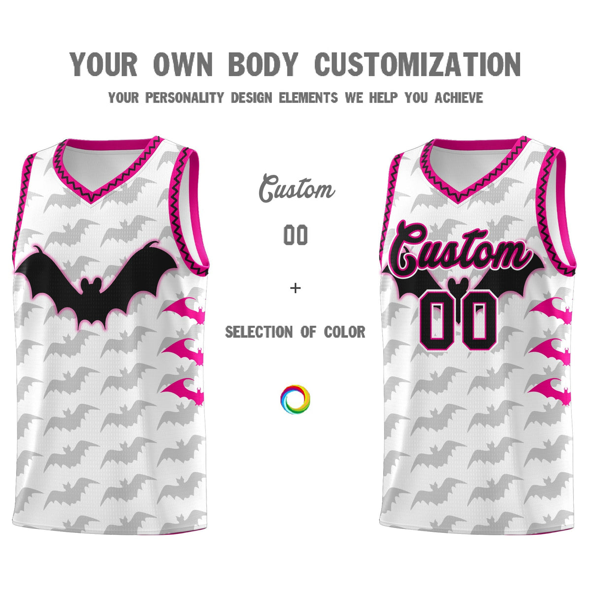 Custom White Pink Black Bat Pattern Halloween Basketball Jersey | For Men,For Kid,For Youth,Sublimation Printed,Perfect for Training,Perfect for Parties,Add Name and Numbern | KXKSHOP
