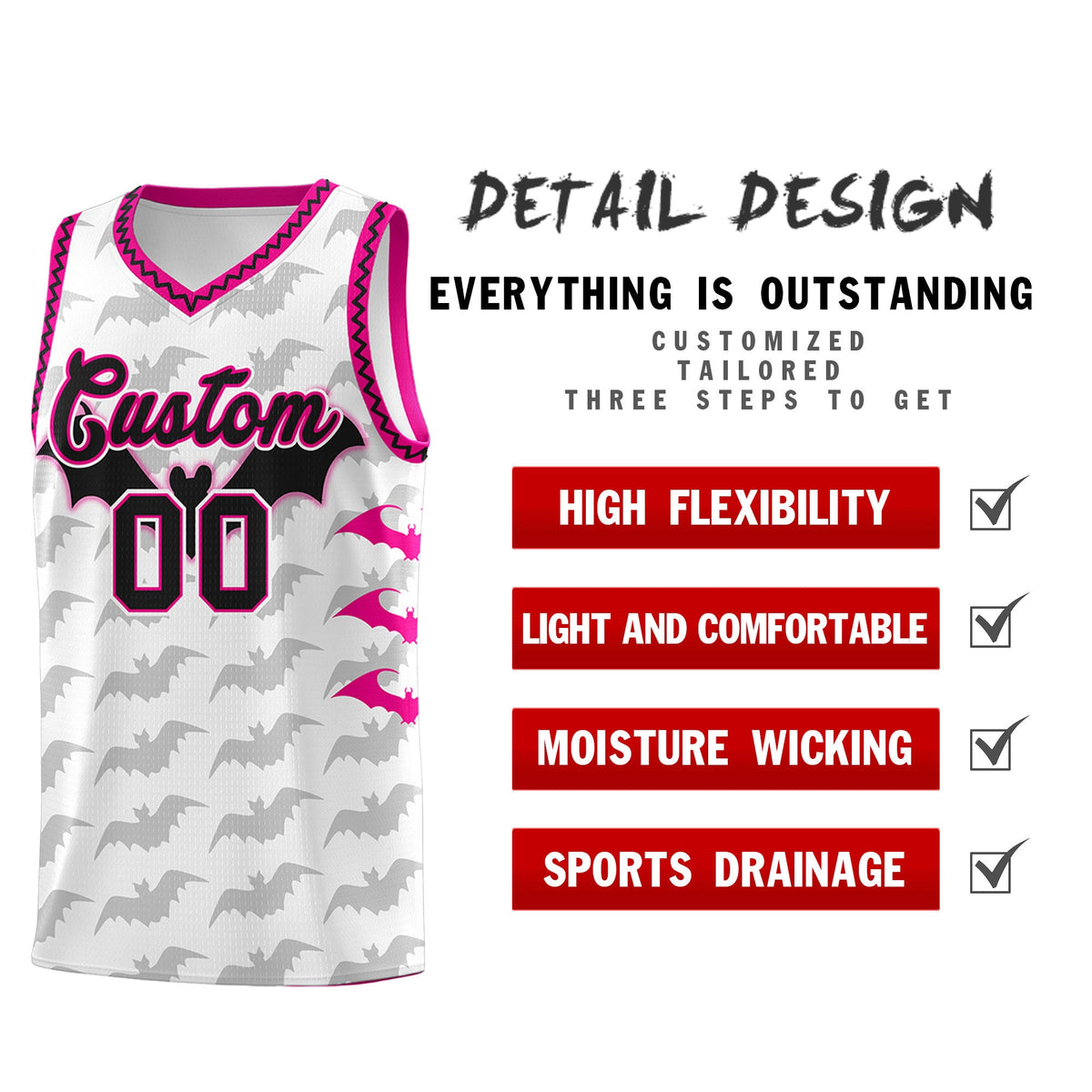Custom White Pink Black Bat Pattern Halloween Basketball Jersey | For Men,For Kid,For Youth,Sublimation Printed,Perfect for Training,Perfect for Parties,Add Name and Numbern | KXKSHOP