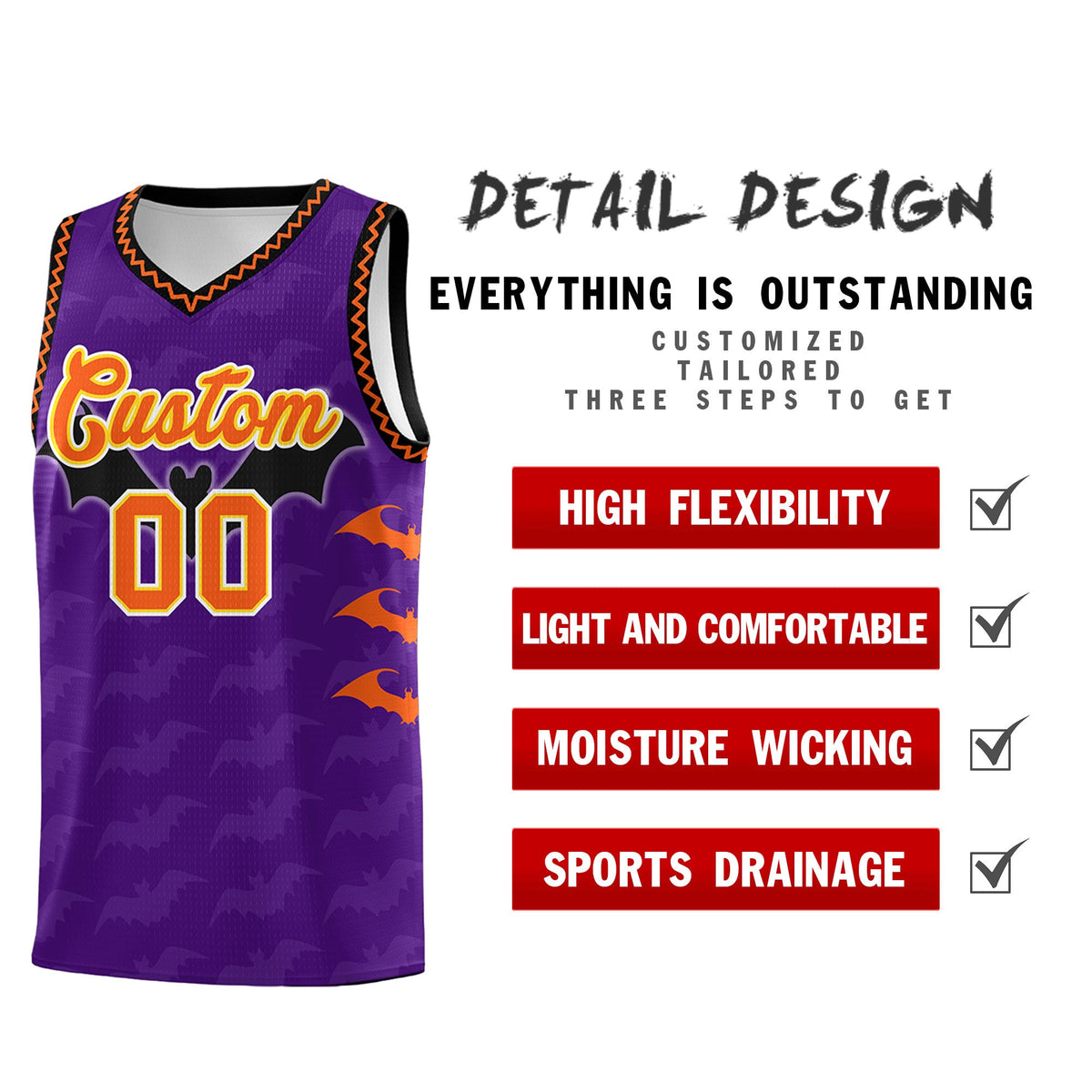 Custom Purple Orange Bat Pattern Halloween Basketball Jersey | For Men,For Kid,For Youth,Sublimation Printed,Perfect for Training,Perfect for Parties,Add Name and Numbern | KXKSHOP