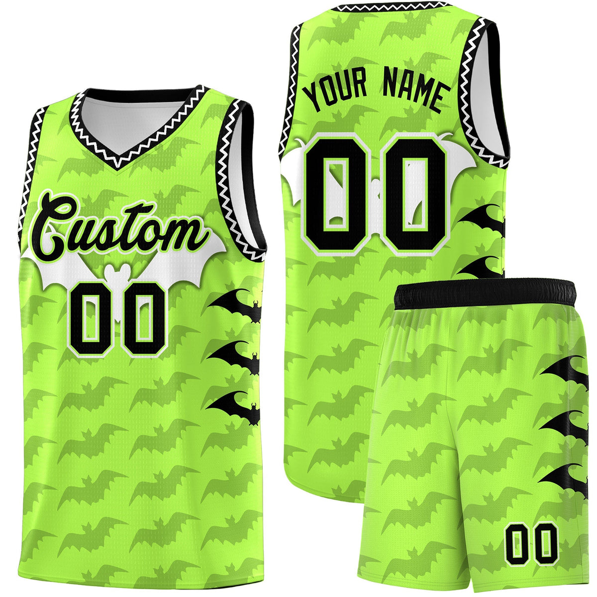 Custom Fluorescent Green White Bat Pattern Halloween Basketball Jersey | For Men,For Kid,For Youth,Sublimation Printed,Perfect for Training,Perfect for Parties,Add Name and Numbern | KXKSHOP