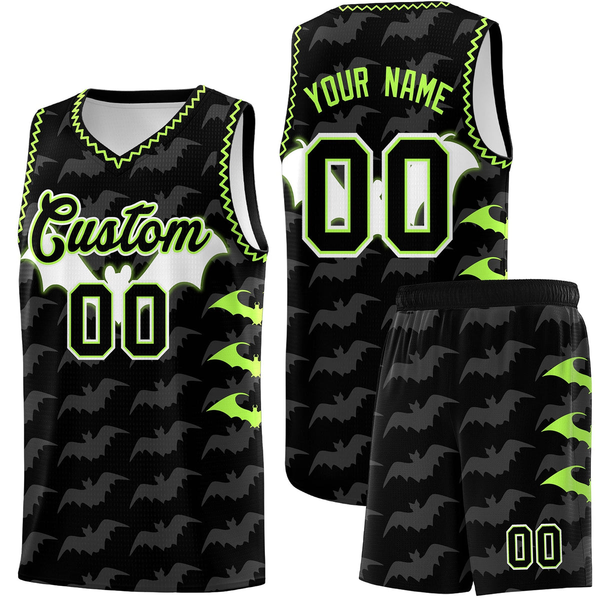 Custom Black Fluorescent Green Bat Pattern Halloween Basketball Jersey | For Men,For Kid,For Youth,Sublimation Printed,Perfect for Training,Perfect for Parties,Add Name and Numbern | KXKSHOP
