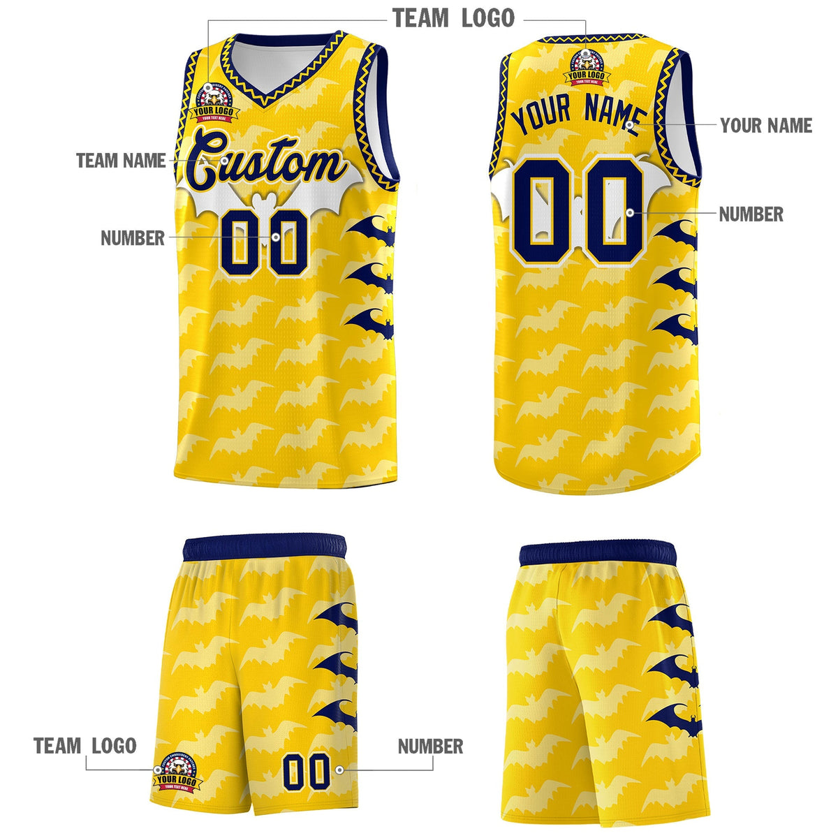 Custom Gold White Navy Bat Pattern Halloween Basketball Jersey | For Men,For Kid,For Youth,Sublimation Printed,Perfect for Training,Perfect for Parties,Add Name and Numbern | KXKSHOP