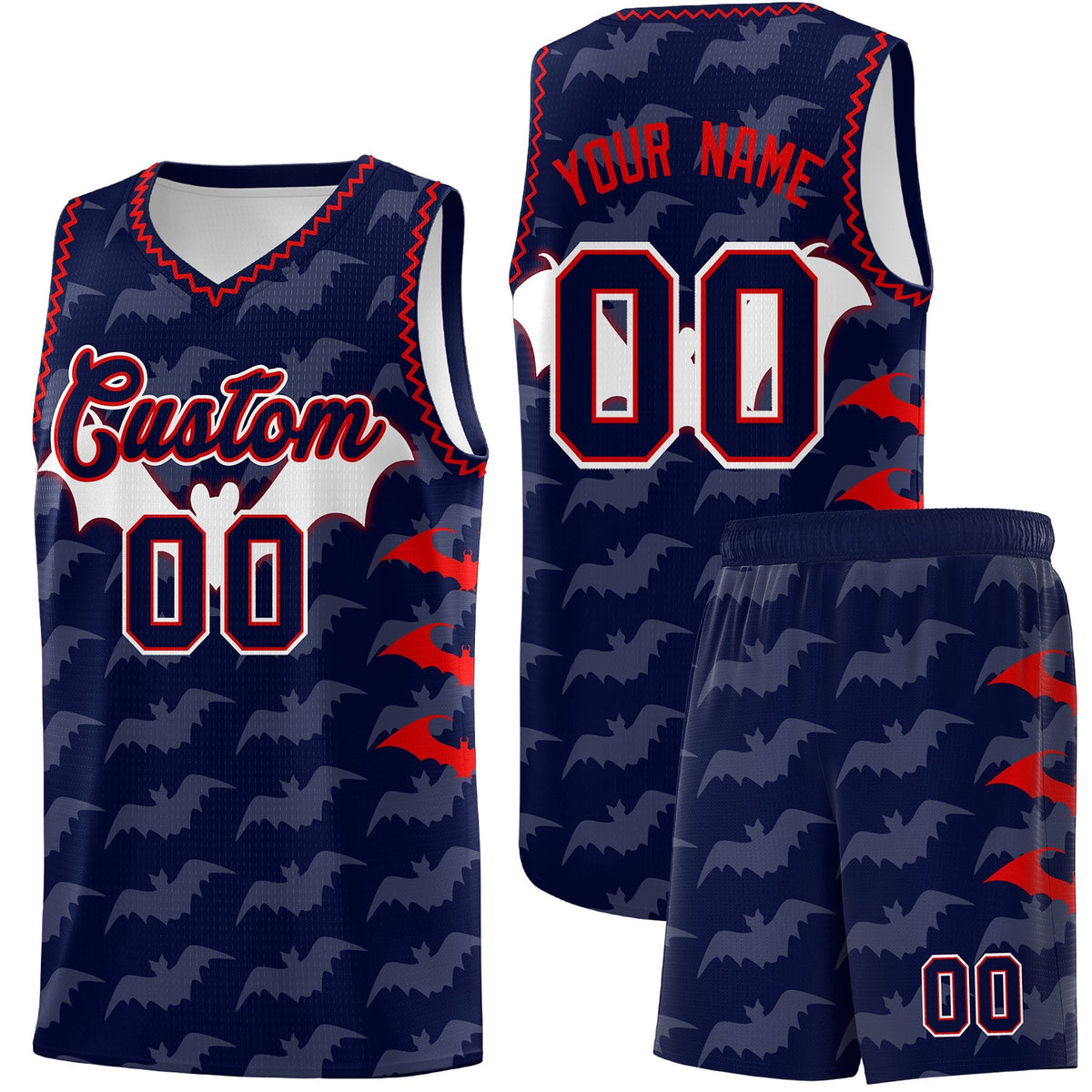 Custom Navy Red Bat Pattern Halloween Basketball Jersey | For Men,For Kid,For Youth,Sublimation Printed,Perfect for Training,Perfect for Parties,Add Name and Numbern | KXKSHOP