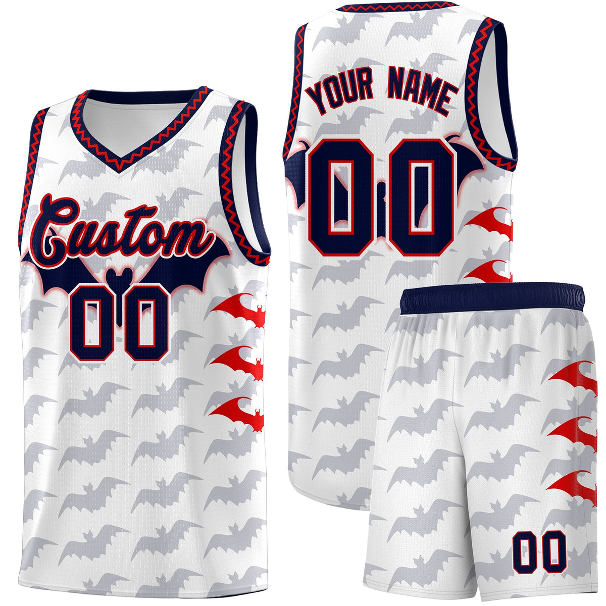 Custom White Red Navy Bat Pattern Halloween Basketball Jersey | For Men,For Kid,For Youth,Sublimation Printed,Perfect for Training,Perfect for Parties,Add Name and Numbern | KXKSHOP