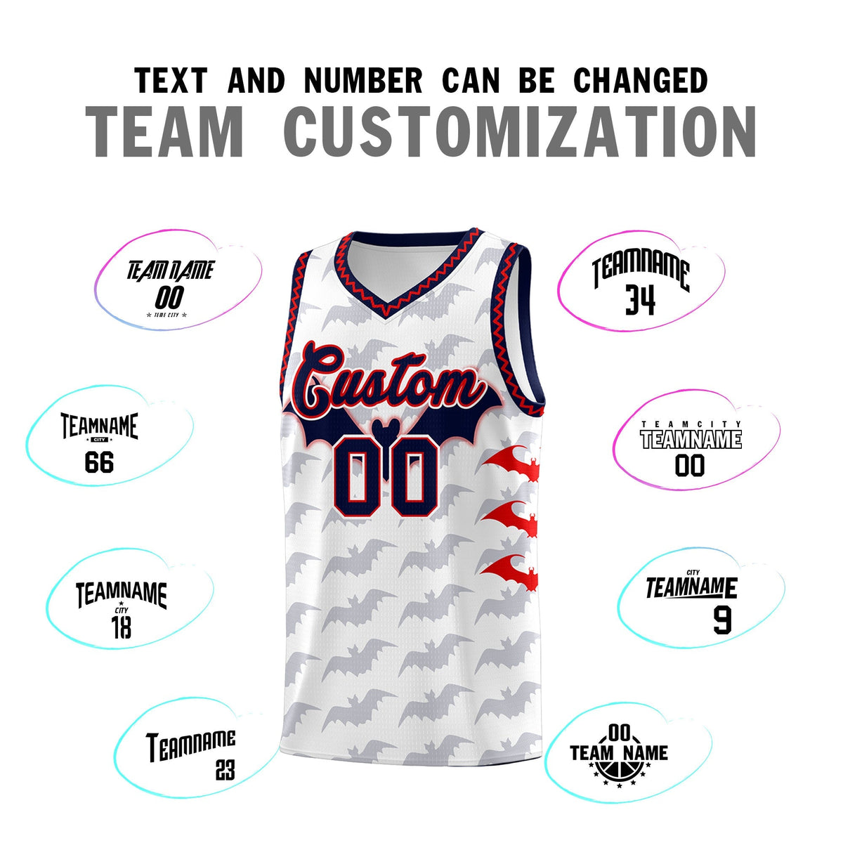 Custom White Red Navy Bat Pattern Halloween Basketball Jersey | For Men,For Kid,For Youth,Sublimation Printed,Perfect for Training,Perfect for Parties,Add Name and Numbern | KXKSHOP