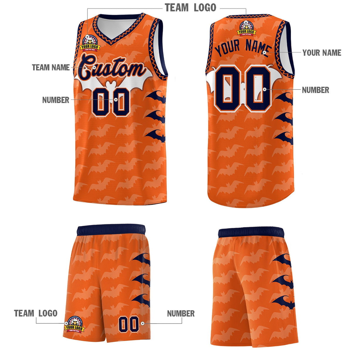 Custom Orange Navy Bat Pattern Halloween Basketball Jersey | For Men,For Kid,For Youth,Sublimation Printed,Perfect for Training,Perfect for Parties,Add Name and Numbern | KXKSHOP