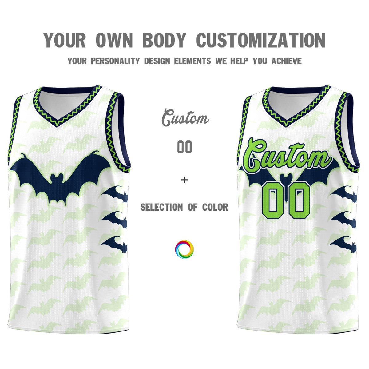 Custom White Fluorescent Green Navy Bat Pattern Halloween Basketball Jersey | For Men,For Kid,For Youth,Sublimation Printed,Perfect for Training,Perfect for Parties,Add Name and Numbern | KXKSHOP