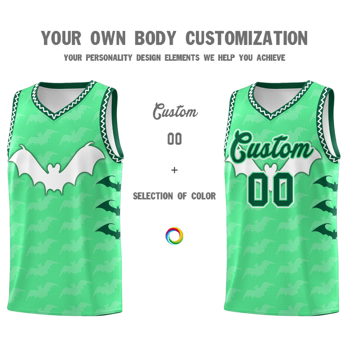Custom Green White Bat Pattern Halloween Basketball Jersey | For Men,For Kid,For Youth,Sublimation Printed,Perfect for Training,Perfect for Parties,Add Name and Numbern | KXKSHOP