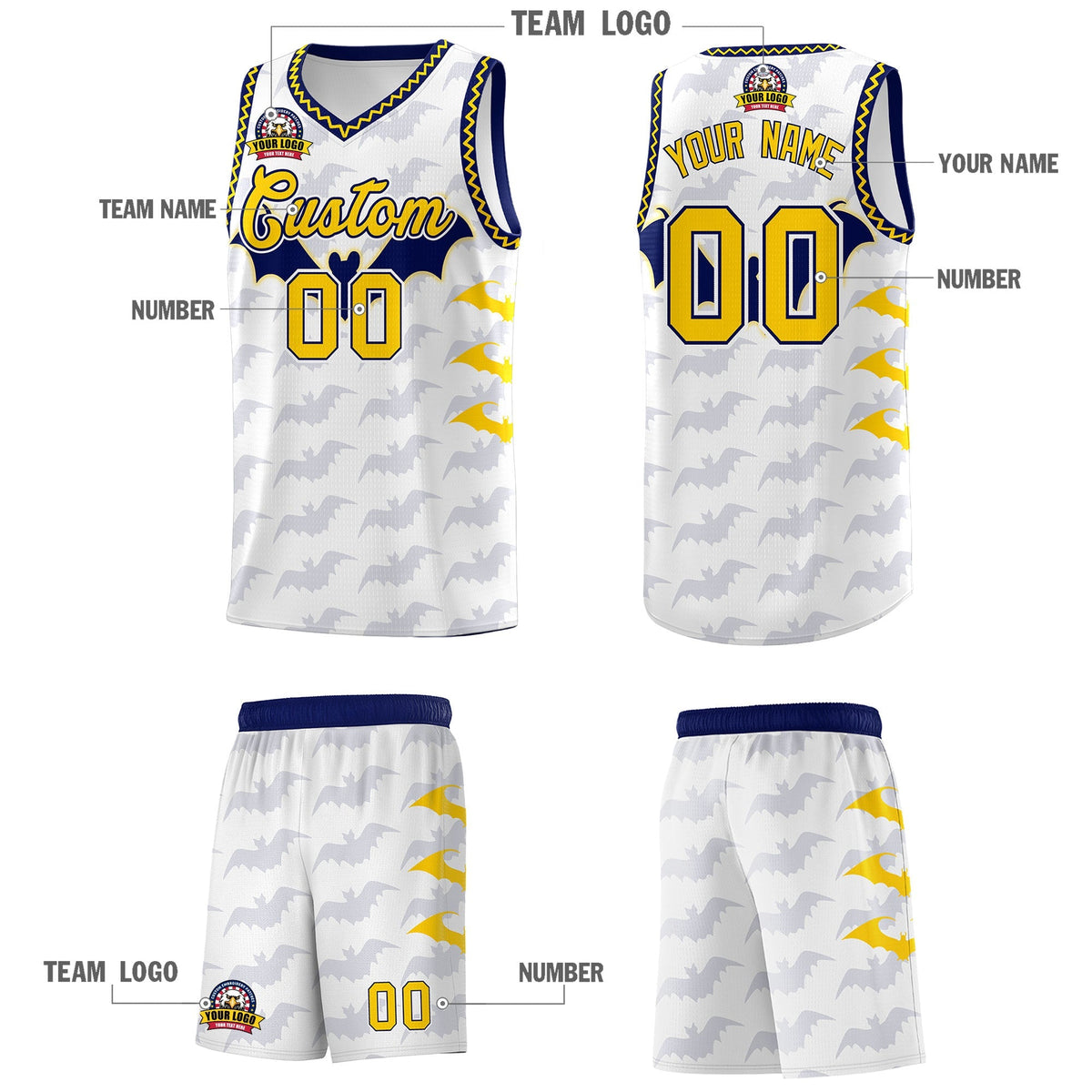 Custom White Gold Navy Bat Pattern Halloween Basketball Jersey | For Men,For Kid,For Youth,Sublimation Printed,Perfect for Training,Perfect for Parties,Add Name and Numbern | KXKSHOP