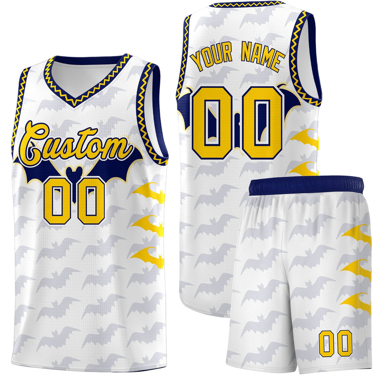 Custom White Gold Navy Bat Pattern Halloween Basketball Jersey | For Men,For Kid,For Youth,Sublimation Printed,Perfect for Training,Perfect for Parties,Add Name and Numbern | KXKSHOP