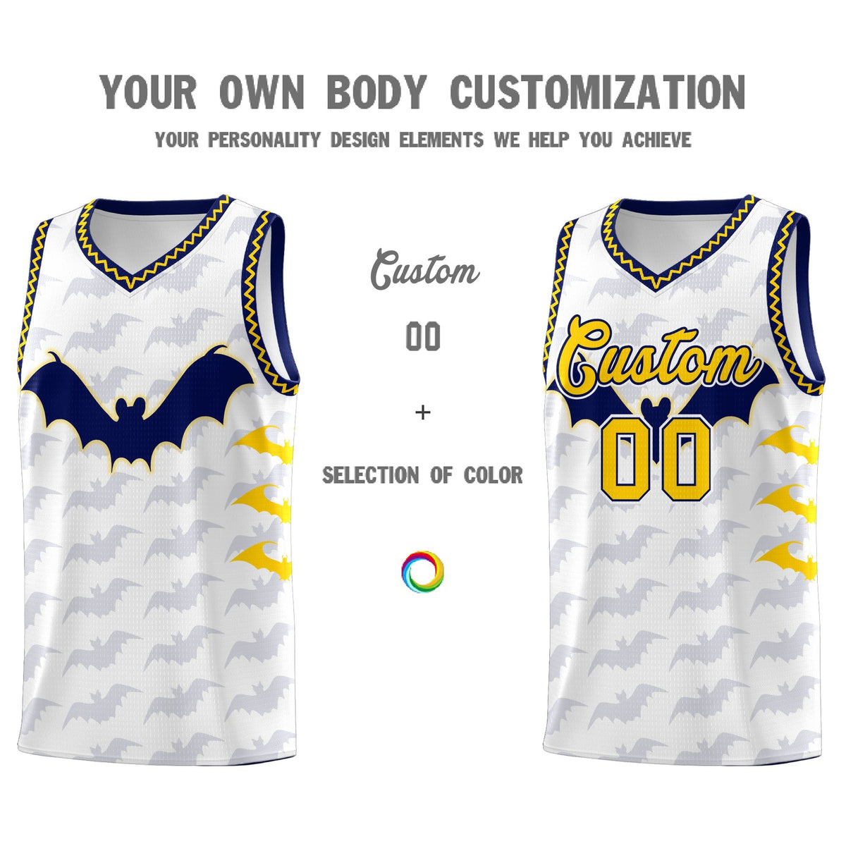 Custom White Gold Navy Bat Pattern Halloween Basketball Jersey | For Men,For Kid,For Youth,Sublimation Printed,Perfect for Training,Perfect for Parties,Add Name and Numbern | KXKSHOP
