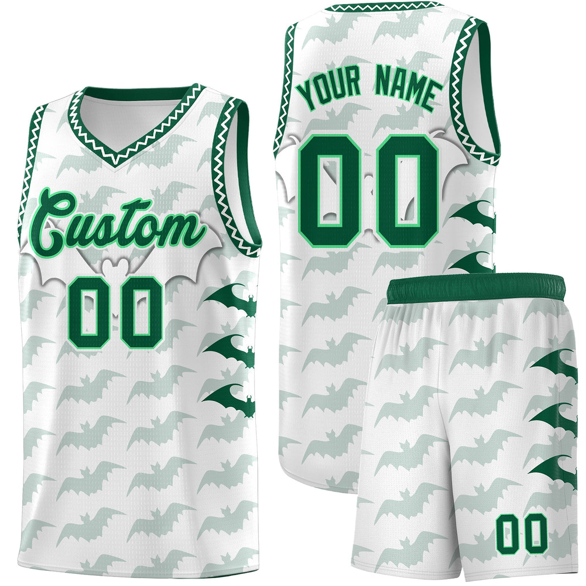 Custom White Kelly Green Bat Pattern Halloween Basketball Jersey | For Men,For Kid,For Youth,Sublimation Printed,Perfect for Training,Perfect for Parties,Add Name and Numbern | KXKSHOP