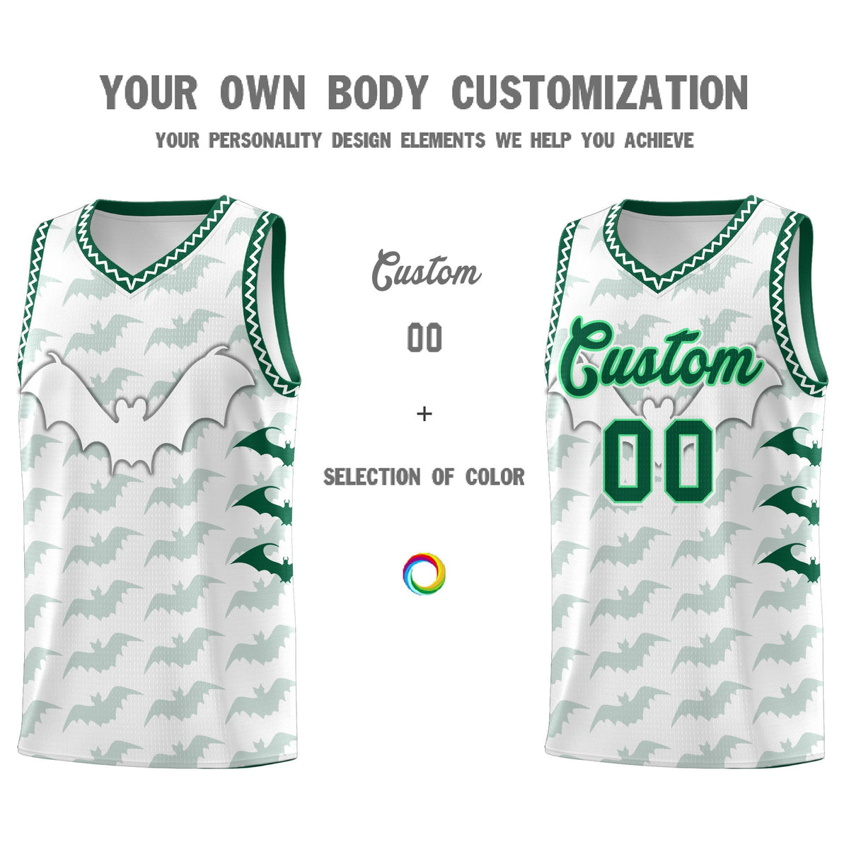 Custom White Kelly Green Bat Pattern Halloween Basketball Jersey | For Men,For Kid,For Youth,Sublimation Printed,Perfect for Training,Perfect for Parties,Add Name and Numbern | KXKSHOP