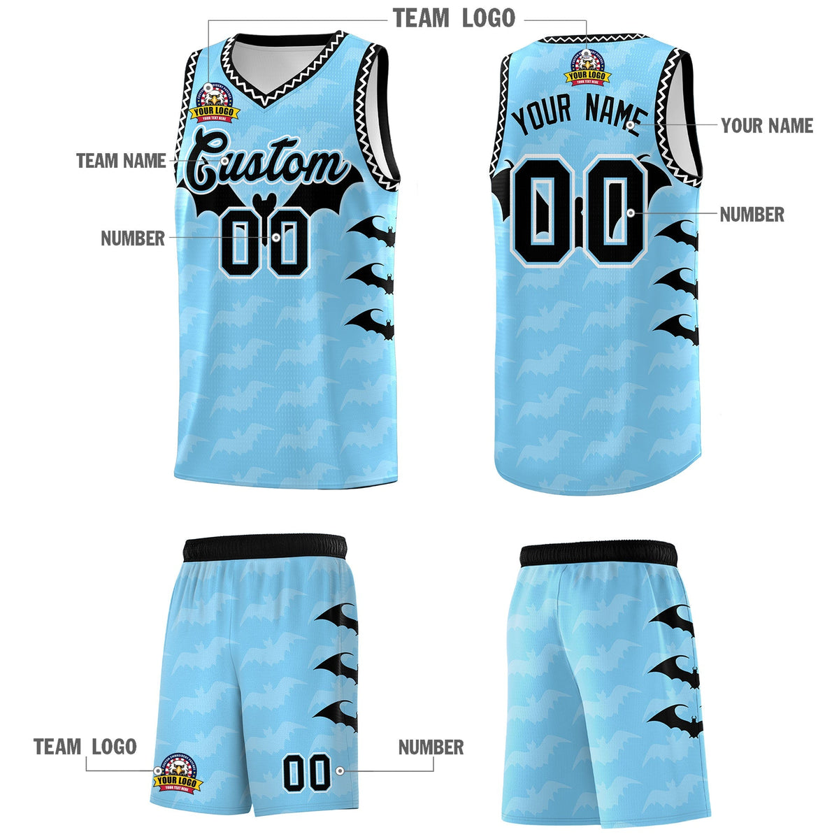 Custom Light Blue White Black Bat Pattern Halloween Basketball Jersey | For Men,For Kid,For Youth,Sublimation Printed,Perfect for Training,Perfect for Parties,Add Name and Numbern | KXKSHOP