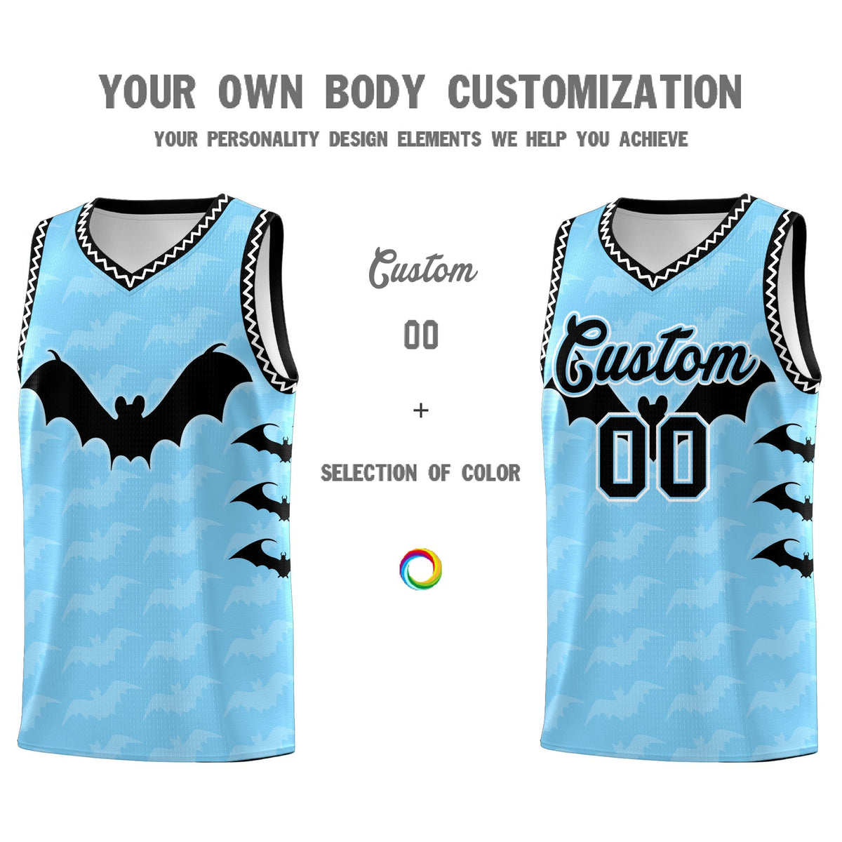 Custom Light Blue White Black Bat Pattern Halloween Basketball Jersey | For Men,For Kid,For Youth,Sublimation Printed,Perfect for Training,Perfect for Parties,Add Name and Numbern | KXKSHOP