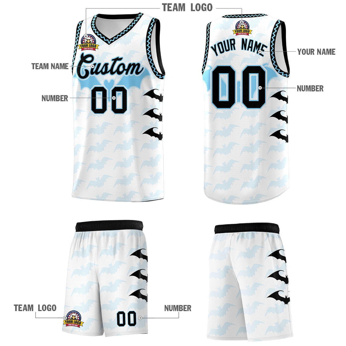 Custom White Light Blue Bat Pattern Halloween Basketball Jersey | For Men,For Kid,For Youth,Sublimation Printed,Perfect for Training,Perfect for Parties,Add Name and Numbern | KXKSHOP