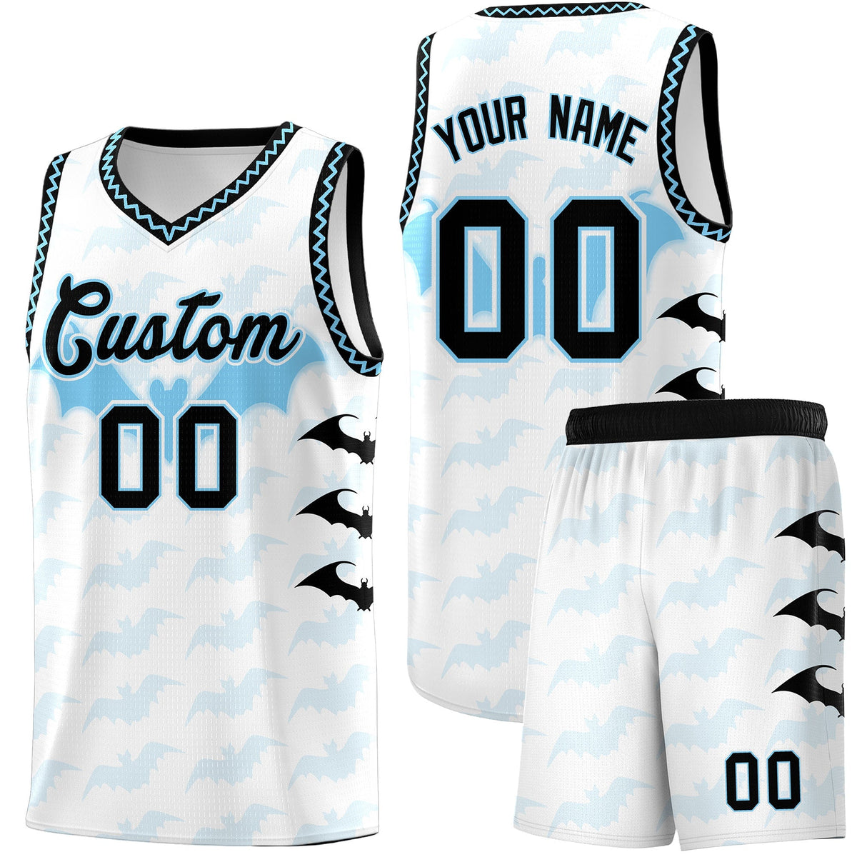 Custom White Light Blue Bat Pattern Halloween Basketball Jersey | For Men,For Kid,For Youth,Sublimation Printed,Perfect for Training,Perfect for Parties,Add Name and Numbern | KXKSHOP