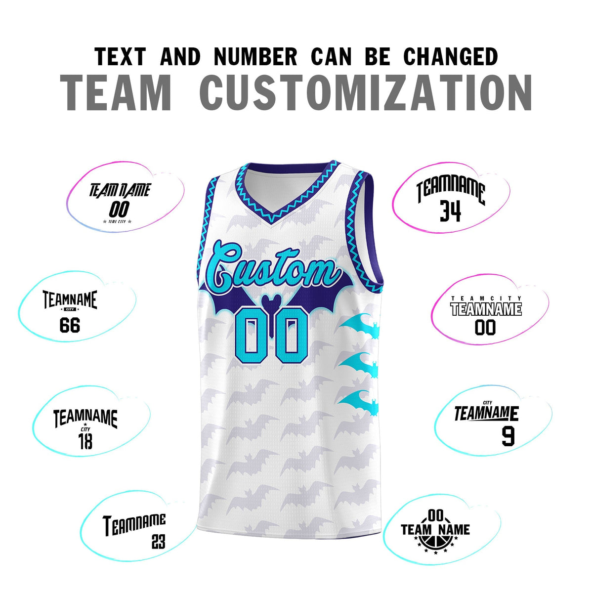 Custom White Sky Blue Bat Pattern Halloween Basketball Jersey | For Men,For Kid,For Youth,Sublimation Printed,Perfect for Training,Perfect for Parties,Add Name and Numbern | KXKSHOP