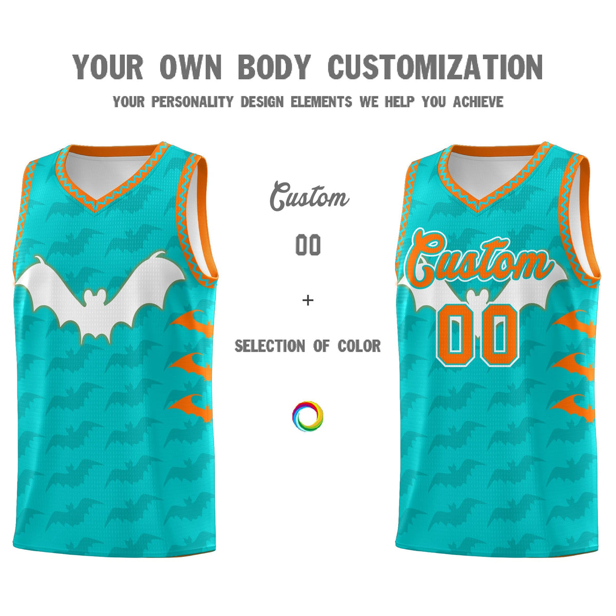 Custom Aqua Orange Bat Pattern Halloween Basketball Jersey | For Men,For Kid,For Youth,Sublimation Printed,Perfect for Training,Perfect for Parties,Add Name and Numbern | KXKSHOP