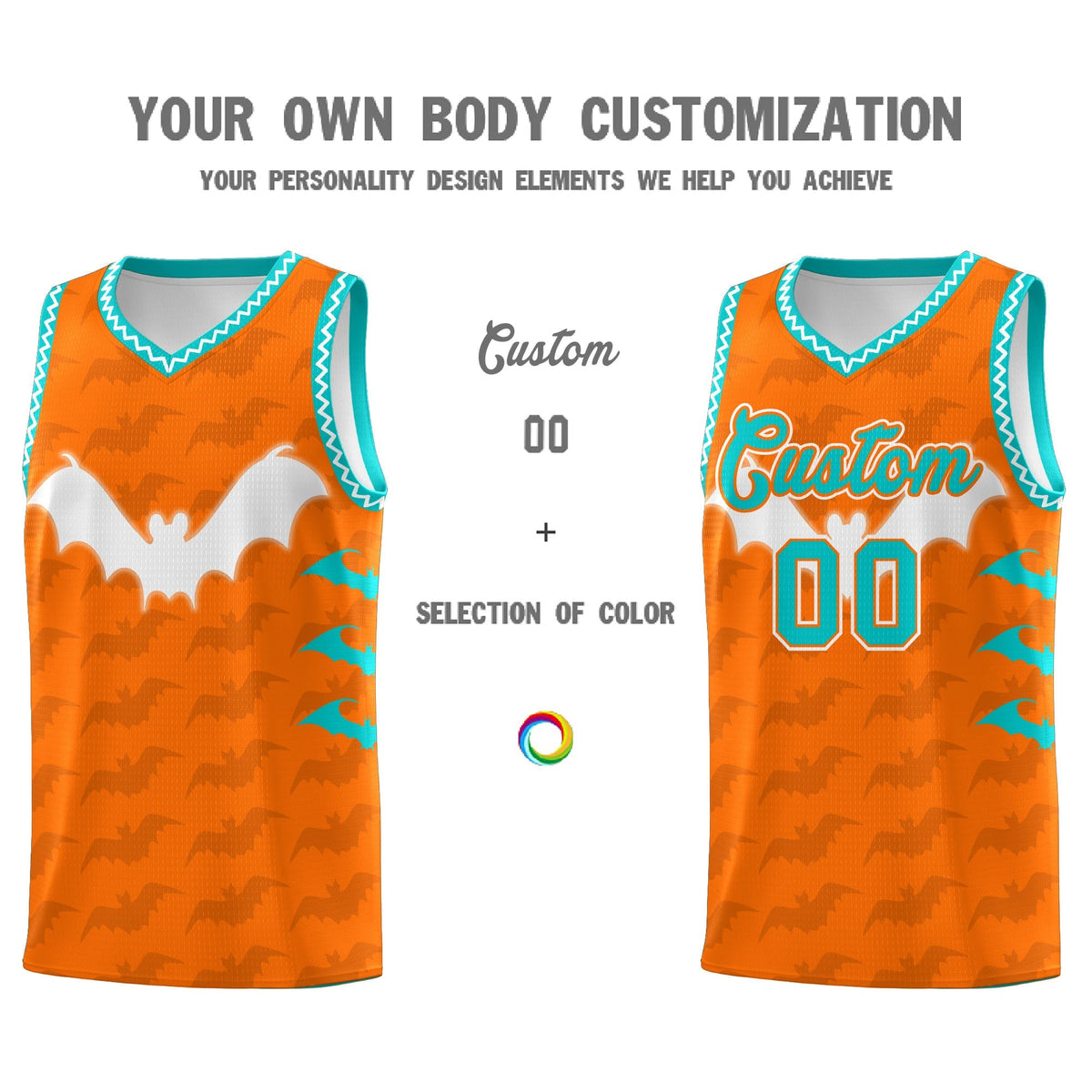 Custom Orange Aqua Bat Pattern Halloween Basketball Jersey | For Men,For Kid,For Youth,Sublimation Printed,Perfect for Training,Perfect for Parties,Add Name and Numbern | KXKSHOP