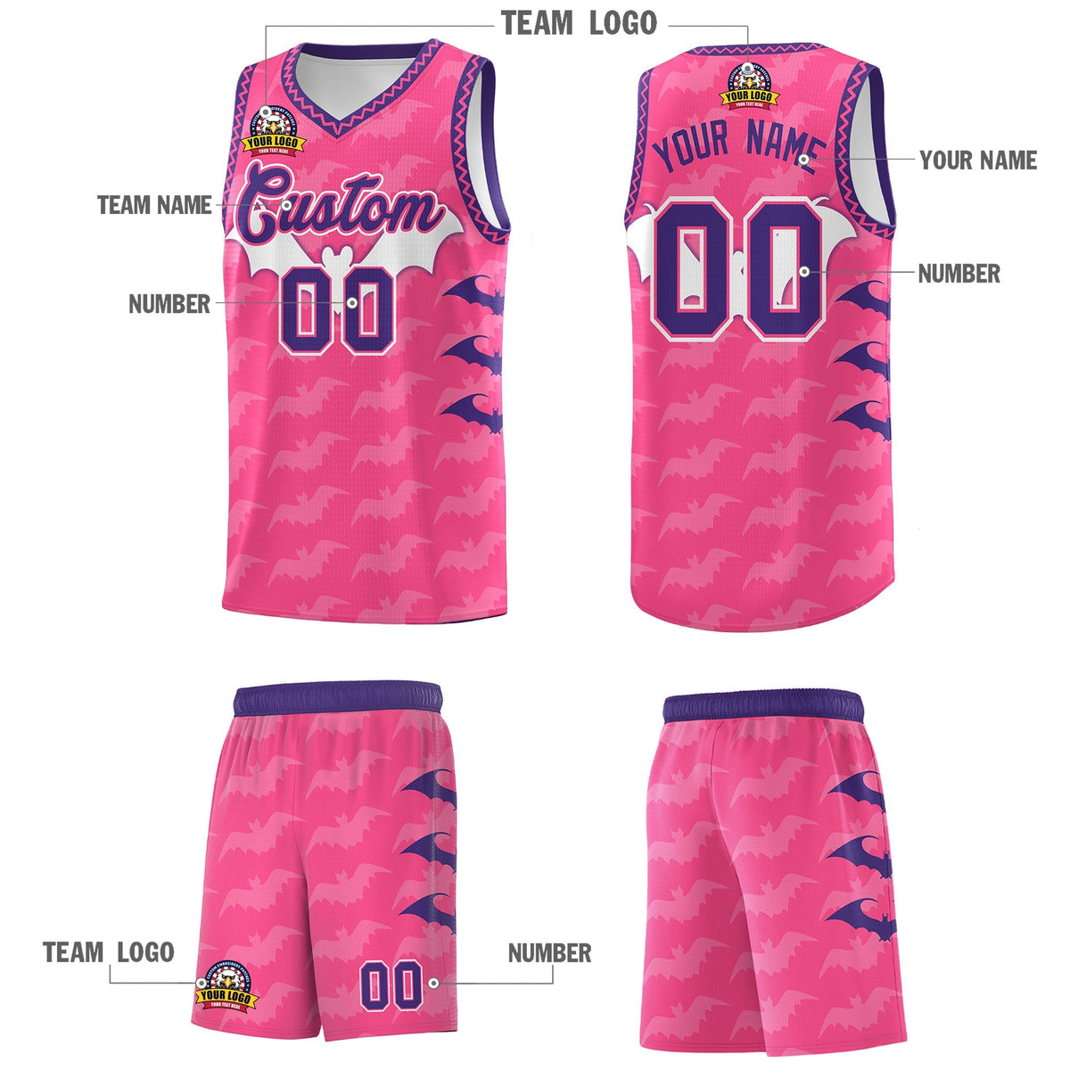 Custom Pink Purple Bat Pattern Halloween Basketball Jersey | For Men,For Kid,For Youth,Sublimation Printed,Perfect for Training,Perfect for Parties,Add Name and Numbern | KXKSHOP