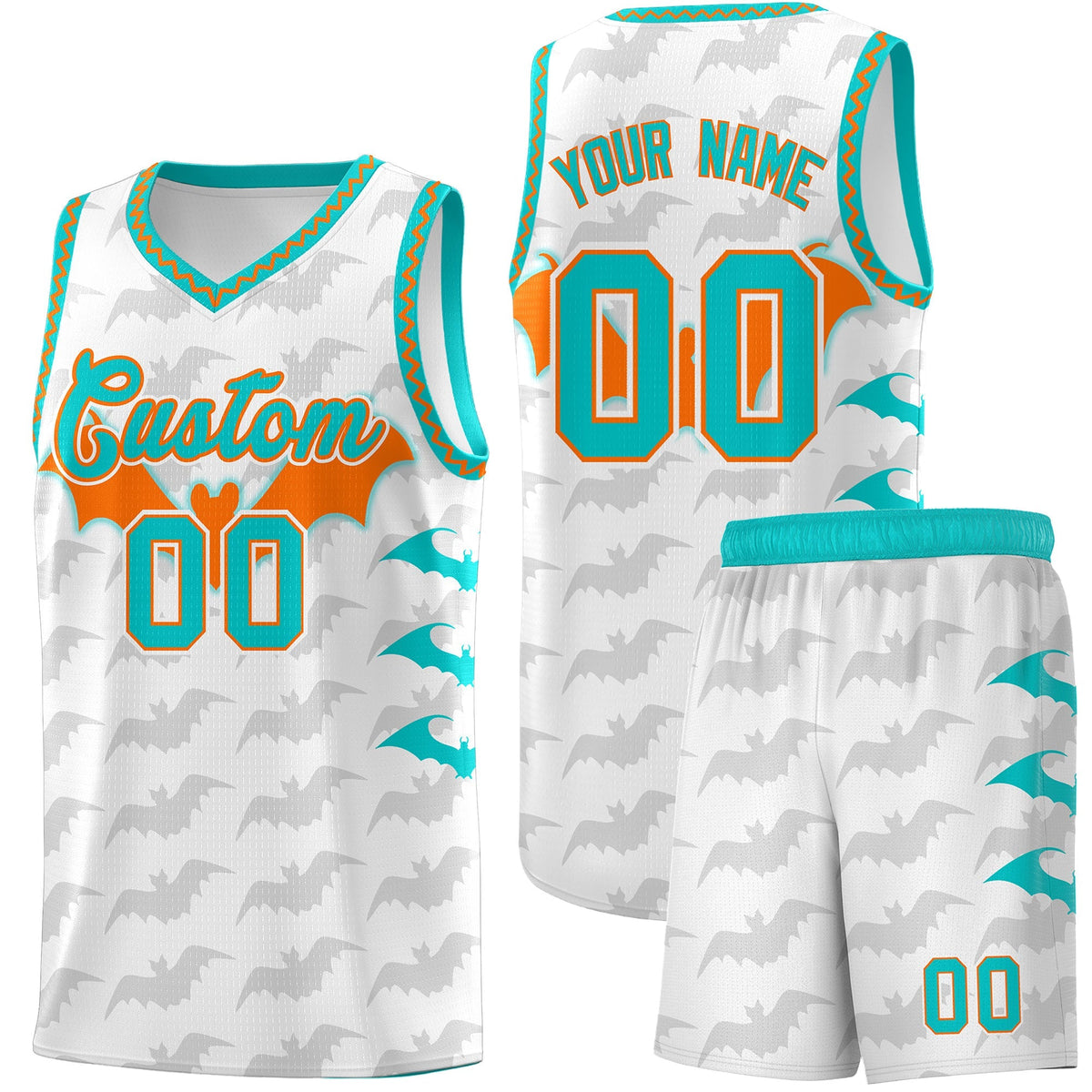 Custom White Orange Aqua Bat Pattern Halloween Basketball Jersey | For Men,For Kid,For Youth,Sublimation Printed,Perfect for Training,Perfect for Parties,Add Name and Numbern | KXKSHOP