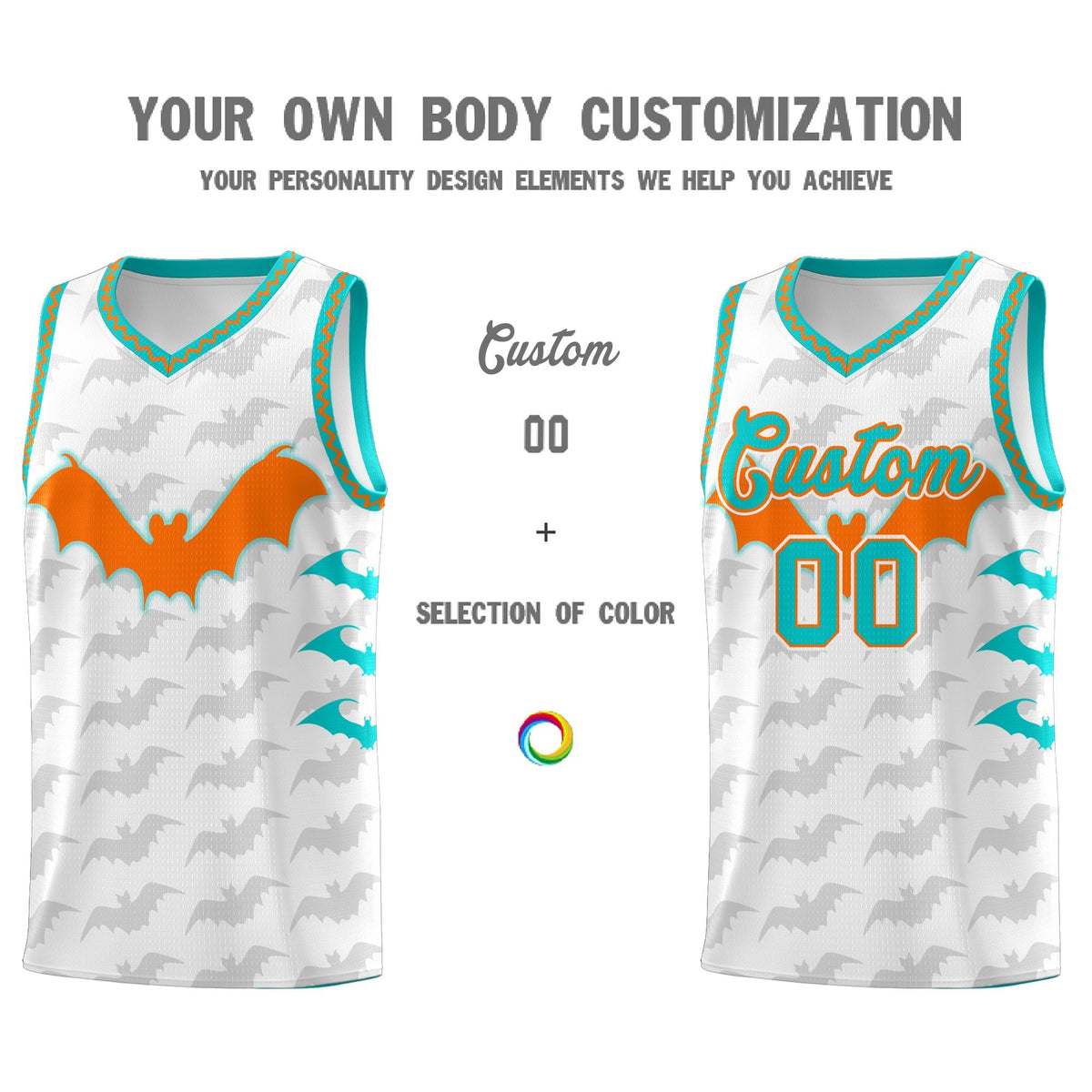 Custom White Orange Aqua Bat Pattern Halloween Basketball Jersey | For Men,For Kid,For Youth,Sublimation Printed,Perfect for Training,Perfect for Parties,Add Name and Numbern | KXKSHOP