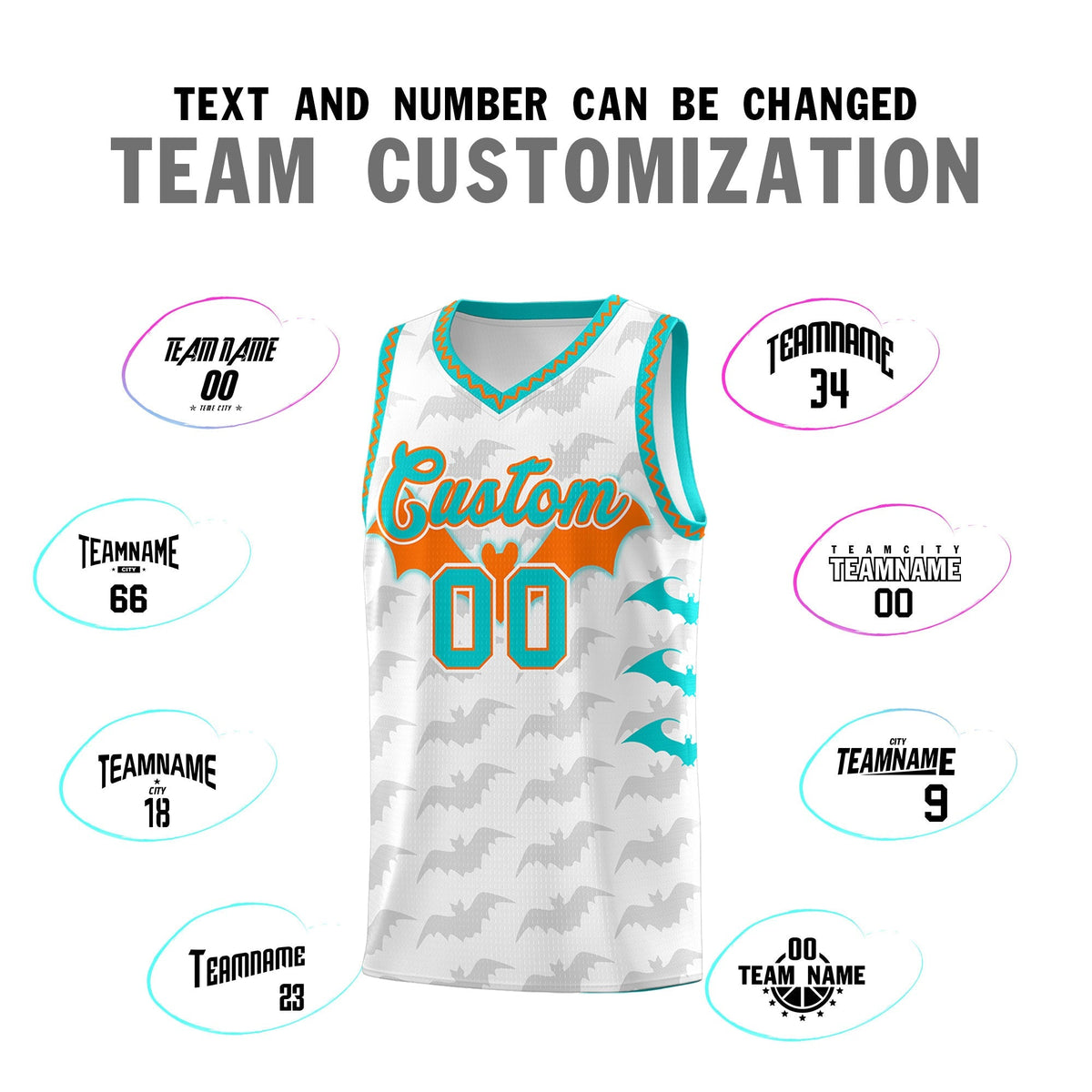 Custom White Orange Aqua Bat Pattern Halloween Basketball Jersey | For Men,For Kid,For Youth,Sublimation Printed,Perfect for Training,Perfect for Parties,Add Name and Numbern | KXKSHOP