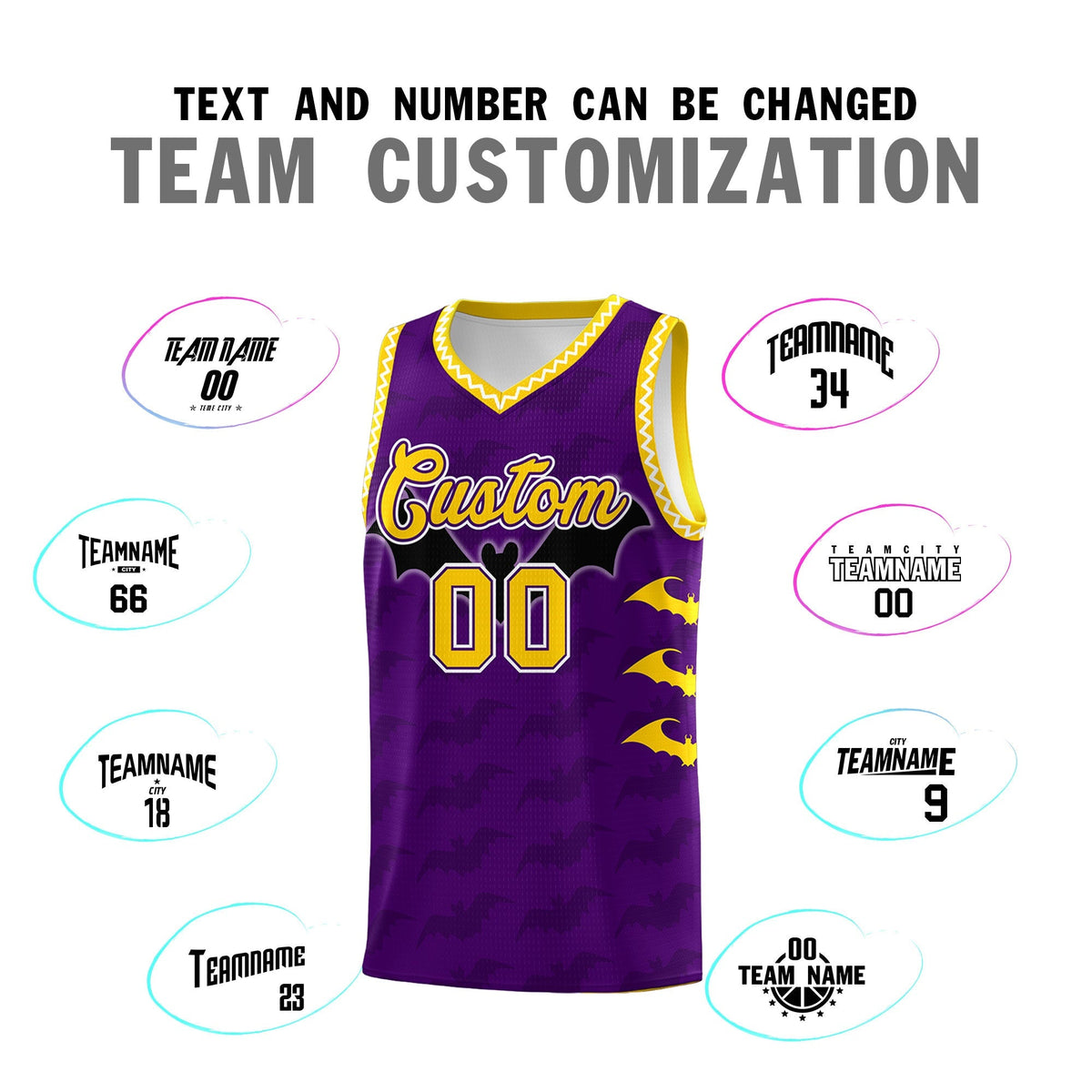Custom Purple Gold White Bat Pattern Halloween Basketball Jersey | For Men,For Kid,For Youth,Sublimation Printed,Perfect for Training,Perfect for Parties,Add Name and Numbern | KXKSHOP