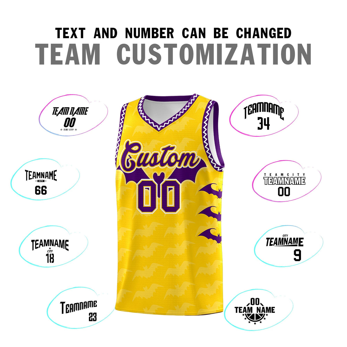 Custom Gold White Purple Bat Pattern Halloween Basketball Jersey | For Men,For Kid,For Youth,Sublimation Printed,Perfect for Training,Perfect for Parties,Add Name and Numbern | KXKSHOP
