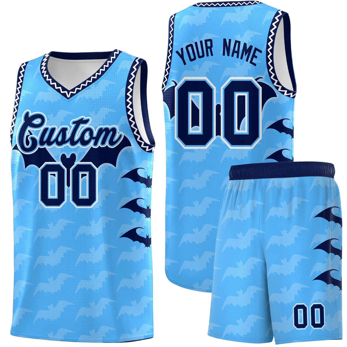 Custom Powder Blue White Bat Pattern Halloween Basketball Jersey | For Men,For Kid,For Youth,Sublimation Printed,Perfect for Training,Perfect for Parties,Add Name and Numbern | KXKSHOP