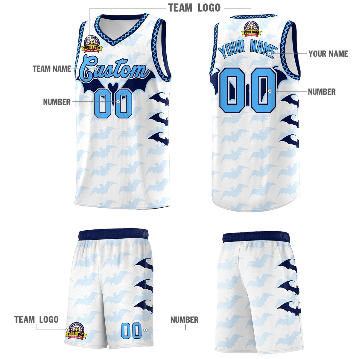 Custom White Powder Blue Bat Pattern Halloween Basketball Jersey | For Men,For Kid,For Youth,Sublimation Printed,Perfect for Training,Perfect for Parties,Add Name and Numbern | KXKSHOP