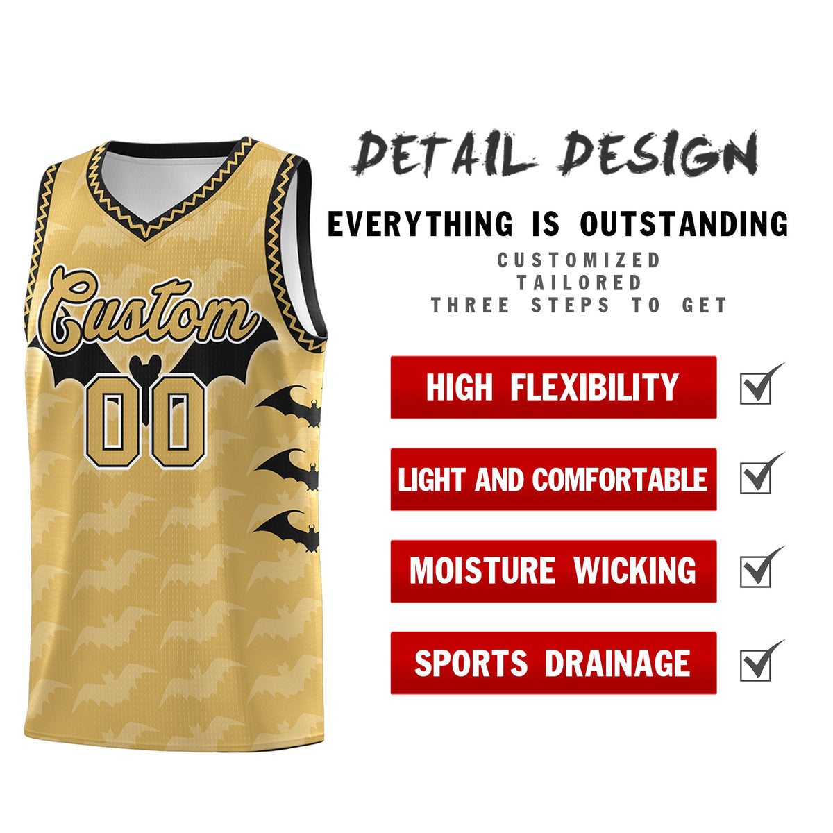 Custom Old Gold Black White Bat Pattern Halloween Basketball Jersey | For Men,For Kid,For Youth,Sublimation Printed,Perfect for Training,Perfect for Parties,Add Name and Numbern | KXKSHOP