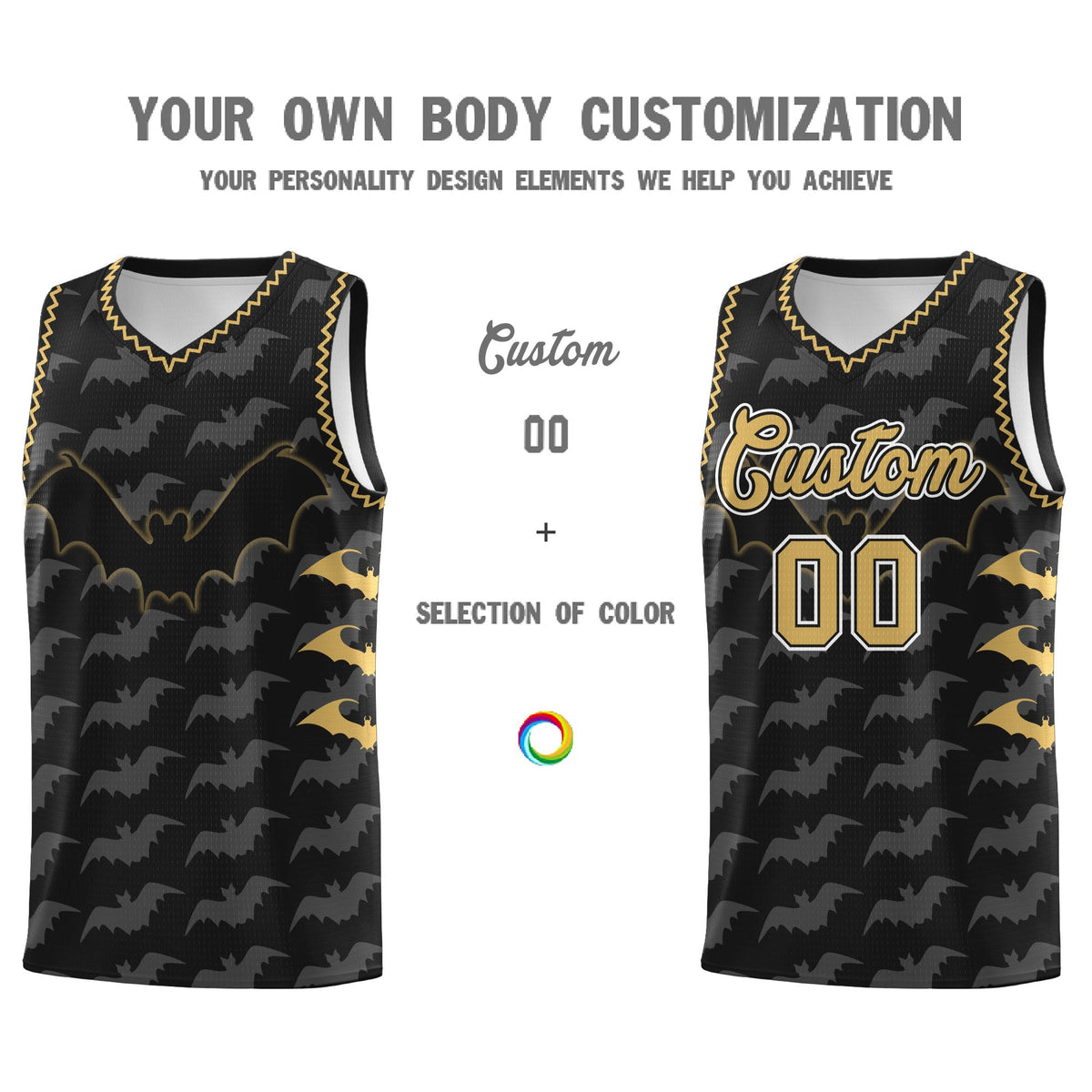 Custom Black Old Gold White Bat Pattern Halloween Basketball Jersey | For Men,For Kid,For Youth,Sublimation Printed,Perfect for Training,Perfect for Parties,Add Name and Numbern | KXKSHOP