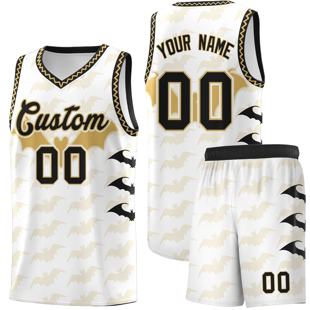 Custom White Old Gold Bat Pattern Halloween Basketball Jersey | For Men,For Kid,For Youth,Sublimation Printed,Perfect for Training,Perfect for Parties,Add Name and Numbern | KXKSHOP