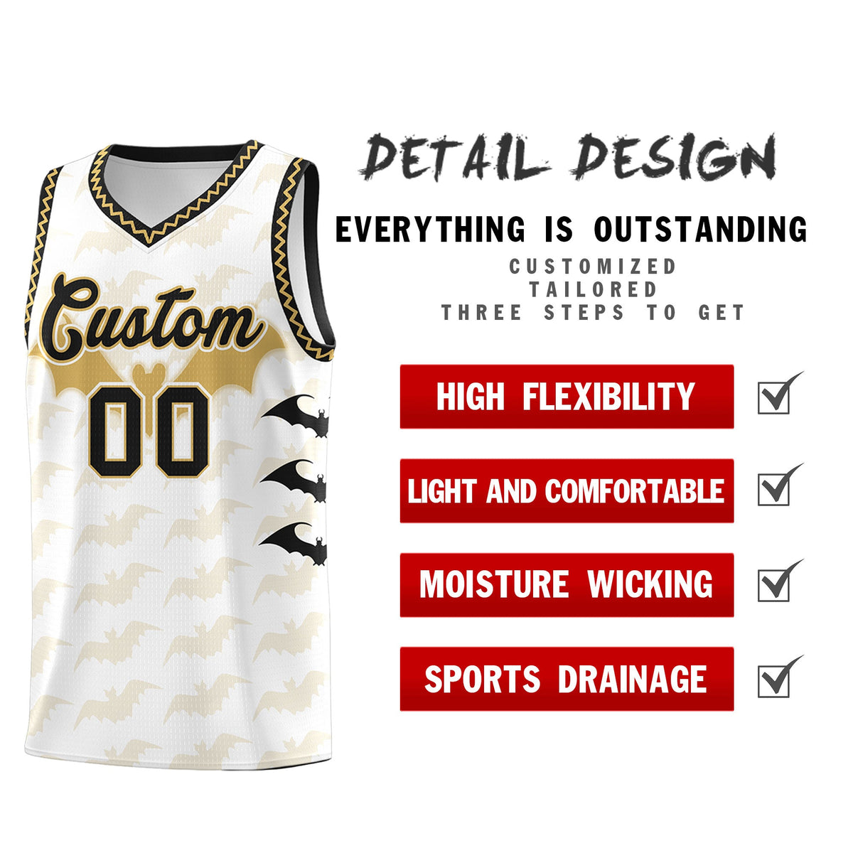 Custom White Old Gold Bat Pattern Halloween Basketball Jersey | For Men,For Kid,For Youth,Sublimation Printed,Perfect for Training,Perfect for Parties,Add Name and Numbern | KXKSHOP
