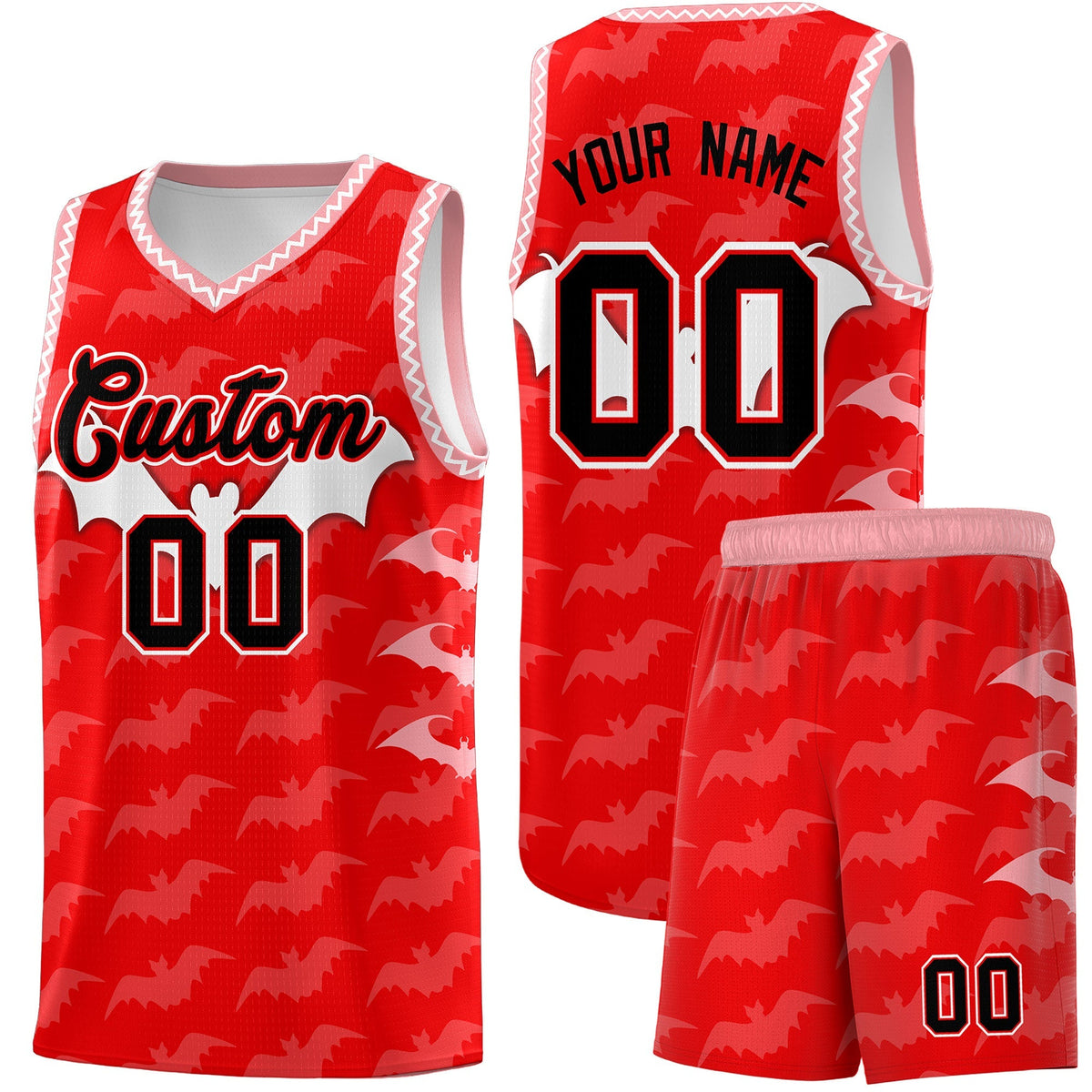 Custom Light Red White Bat Pattern Halloween Basketball Jersey | For Men,For Kid,For Youth,Sublimation Printed,Perfect for Training,Perfect for Parties,Add Name and Numbern | KXKSHOP