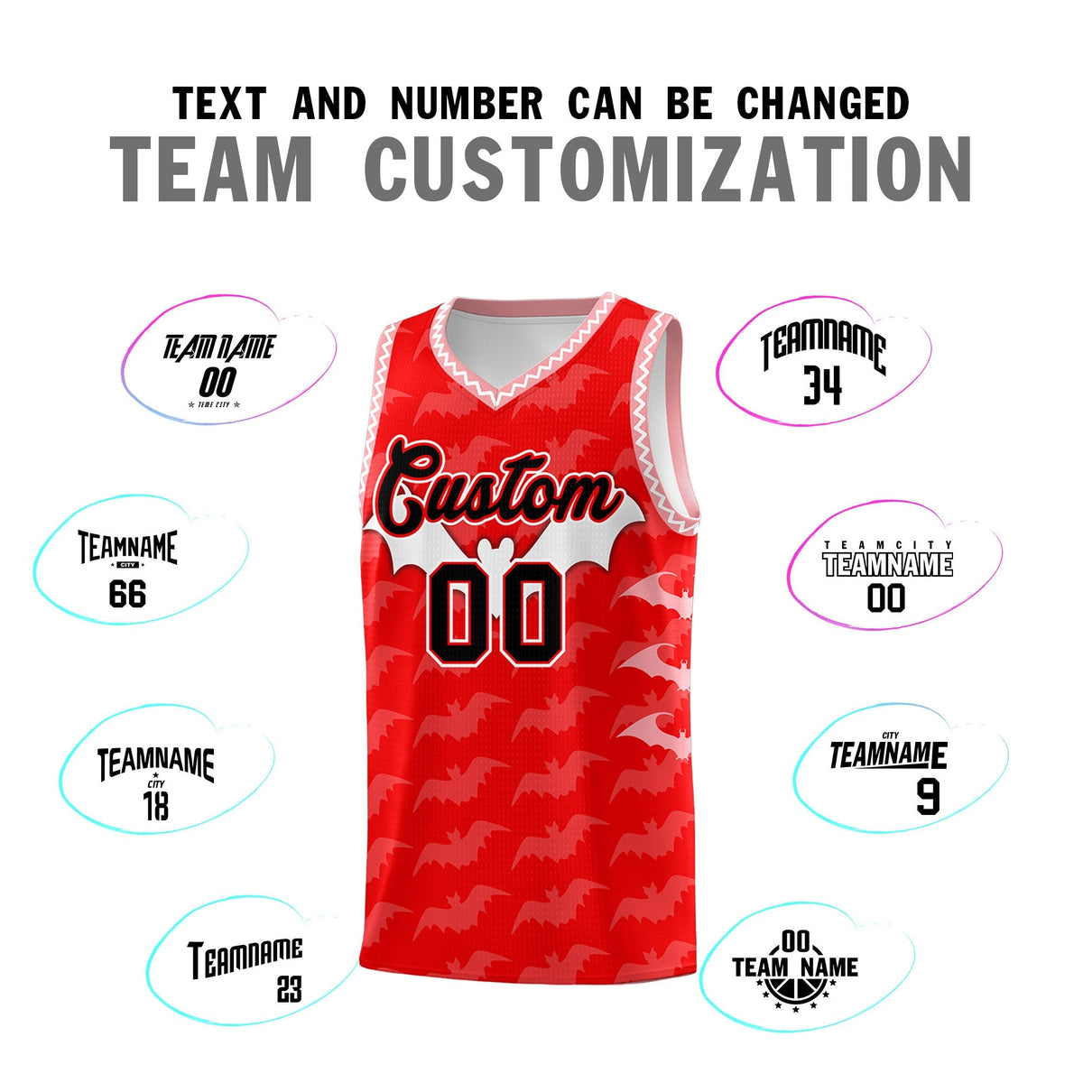 Custom Light Red White Bat Pattern Halloween Basketball Jersey | For Men,For Kid,For Youth,Sublimation Printed,Perfect for Training,Perfect for Parties,Add Name and Numbern | KXKSHOP