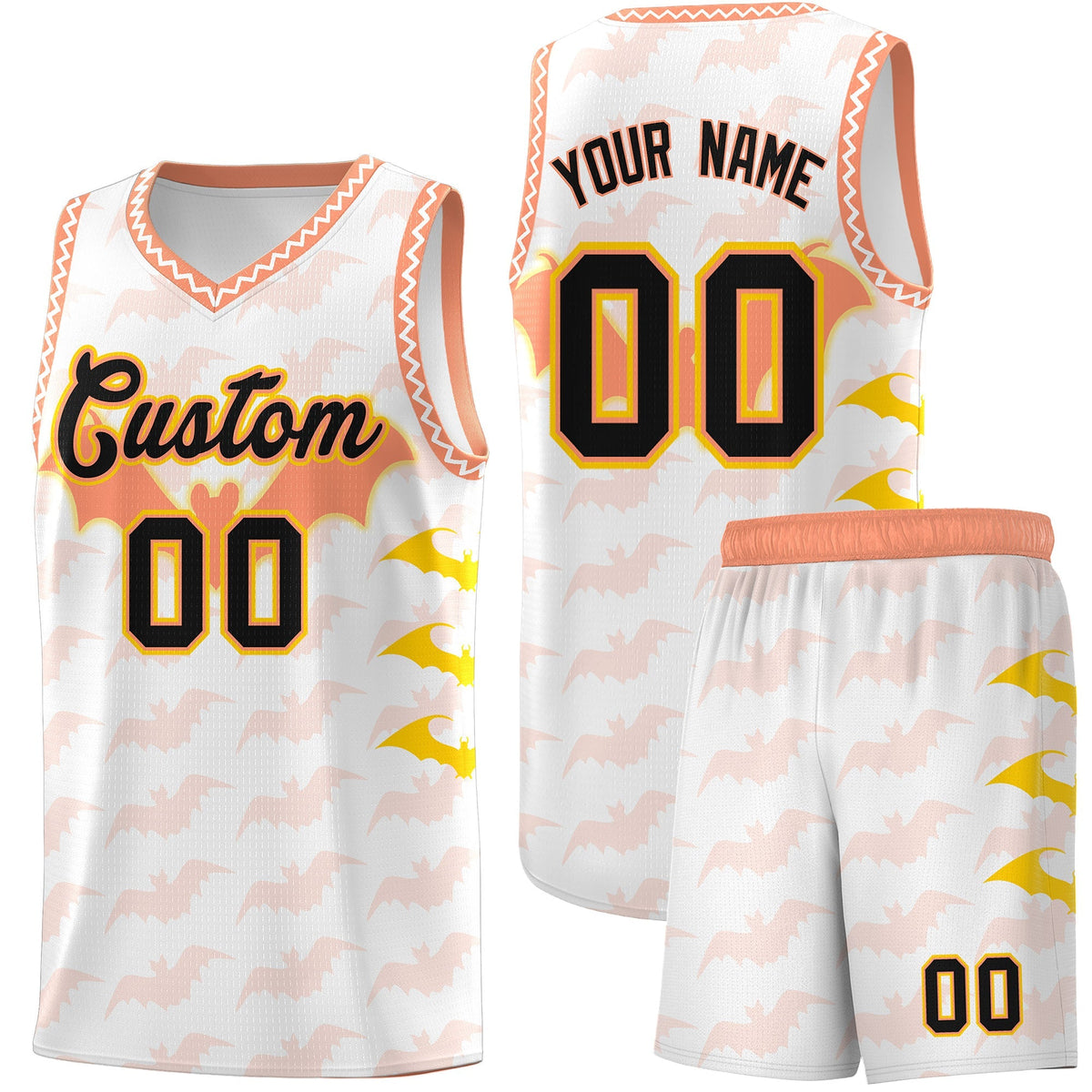 Custom White Gold Light Orange Bat Pattern Halloween Basketball Jersey | For Men,For Kid,For Youth,Sublimation Printed,Perfect for Training,Perfect for Parties,Add Name and Numbern | KXKSHOP